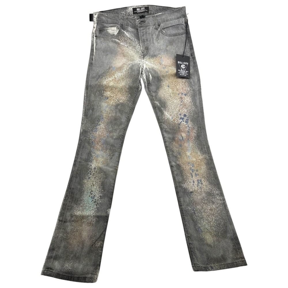 Kill City 32x32 Gray Slim Jeans Metallic Splatter Paint‎ Y3K Goth NWT